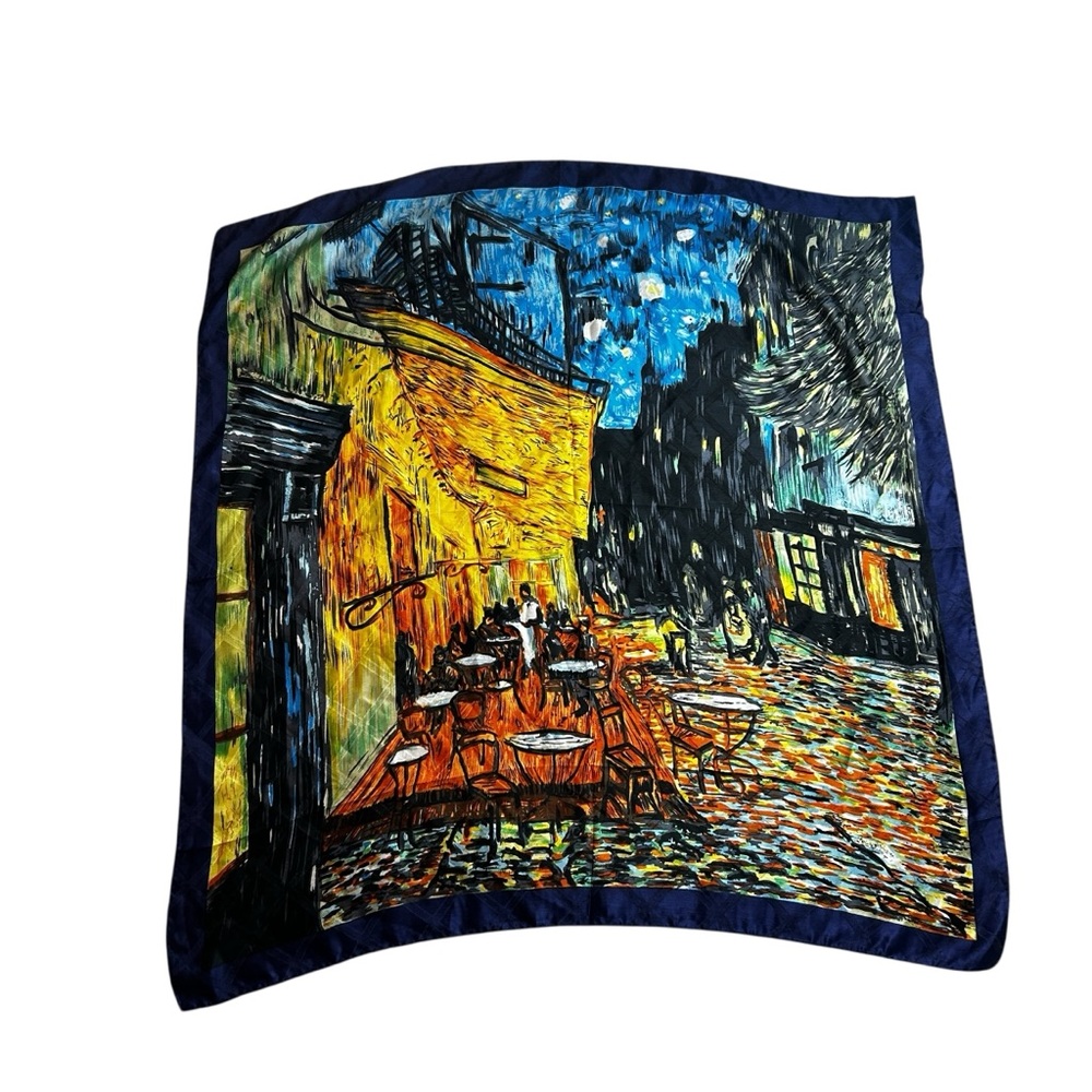 100% Silk Scarf – Colorful Blue Green Orange Abstract Art – Square 32.5” x 35”